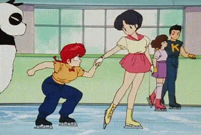 ranma no sabe patinar en una pista de hielo