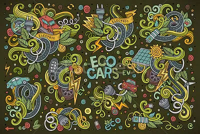 vector doodle cartoon set of Electric cars