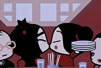 garu besa a pucca mientras recoge los platos pucca
