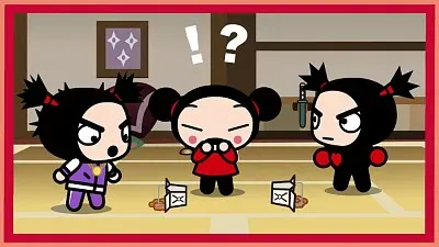 pucca hace caer la comida al ver dos garus pucca