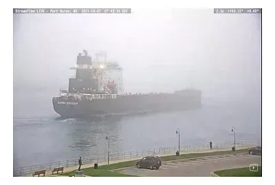 Ship arrival in heavy fog on St Clair River