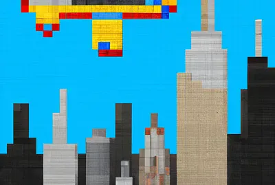 Pixelate Lego world with city and an airplane