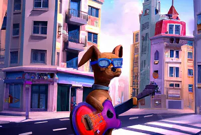 Guitar shaped dog in the city, digital art