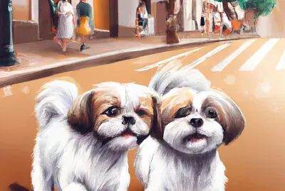 Cute dogs walking down the street, realistic