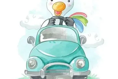 gallo en carro azul