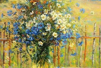 margaritas y flores azules