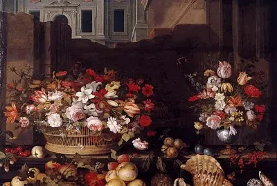 Still life sith flowers, fruit and shells