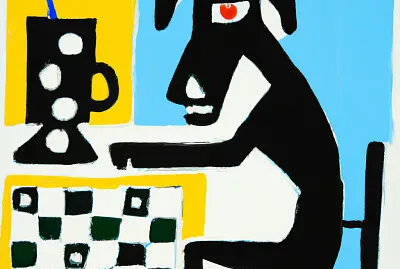 Oil painting by Matisse of a dog playing chess