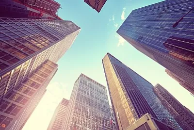 Manhattan skyskrapor vid solnedgången, New York City