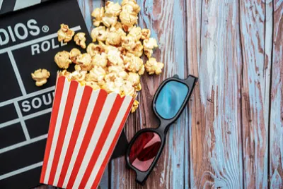 電影院電影，clapperboard，爆米花和3d