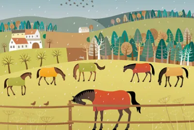 Início da primavera. Ilustração em vetor de cavalo pastando