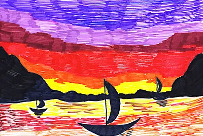 Pintura de paisagem com barcos