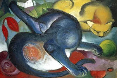 Deux chats, peinture bleue et jaune