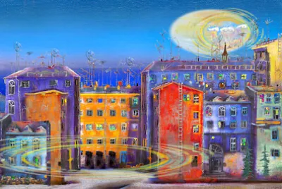 Nachtstadt in der Nähe der Meeresmalerei