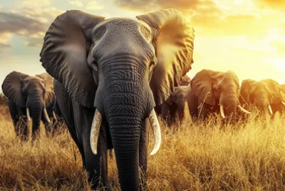 Éléphants d'Afrique en train de brouter au coucher du soleil