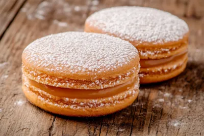 Alfajores argentini su un tavolo di legno d'epoca