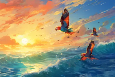 Papagaios migrando sobre o oceano