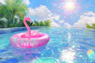 夏日泳池的火烈鳥漂浮