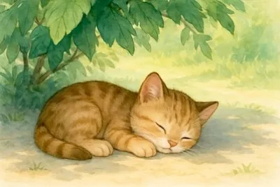 木の下で眠る子猫