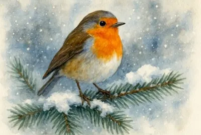 Rotkehlchen auf einem schneebedeckten Ast