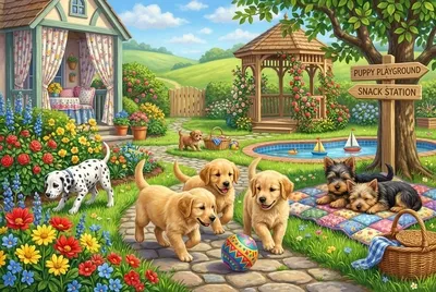 子犬の明るい村の風景