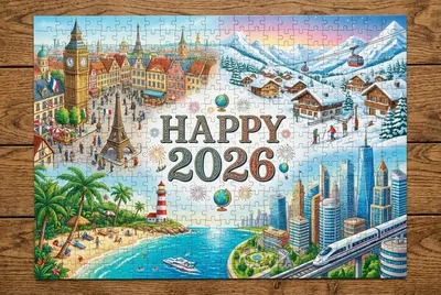 2026年快樂賀卡，夢幻小鎮景色