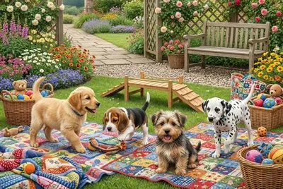 Scène paisible de village avec un chiot