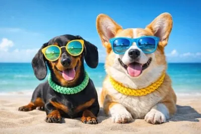 Hundar njuter av en solig stranddag.