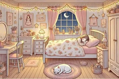 Chambre fille coquette - petit chat blanc