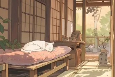 Maison japonaise - Lofi art - Chat Blanc
