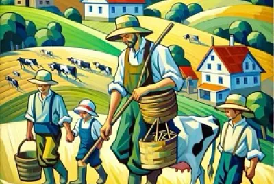Father, two sons, and cows in the farm on a hill