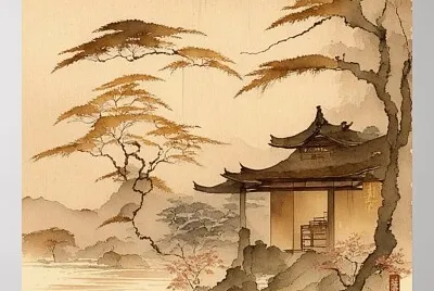 JAPAN VILLAGE SCENERY WARM BROWN ART POSTER | Zazz jigsaw puzzle
