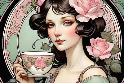 mucha lady with teacup jigsaw puzzle