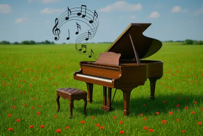 פסנתר בודד בדשא 