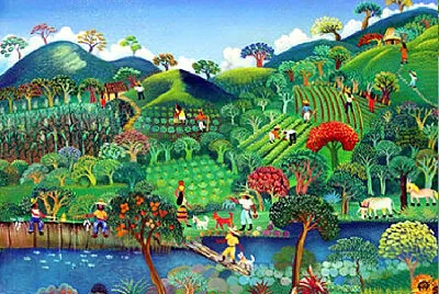 au bord de la rivière art naïf