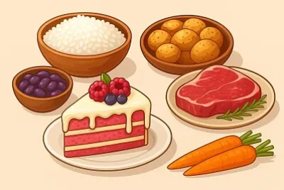 Food (rice, cake, patatoes, carrtos, beans)