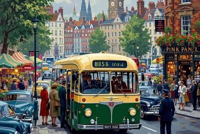 Vivid painting depicting a bustling jigsaw puzzle