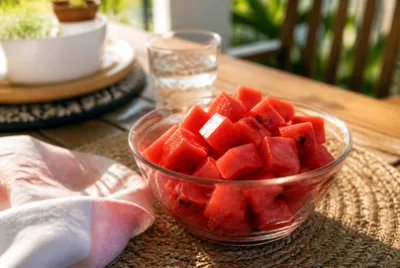 Schüssel mit Wassermelonenwürfeln (grok)