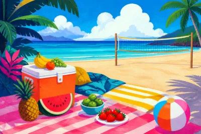 Gouache Beach Picnic(grok)