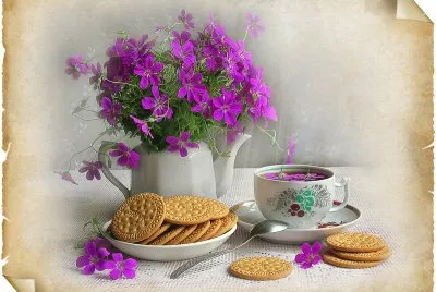 Floral Bouquet with Tea-Vintage Art