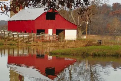 barn and farm pond