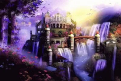 Fantasy Castle and Purple Water Falls
