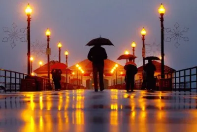 Evening Stroll on Rainy Pier-Huntington Beach