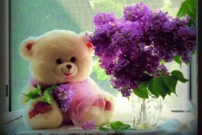 Cute Teddy Bear and Lilacs-Still Life