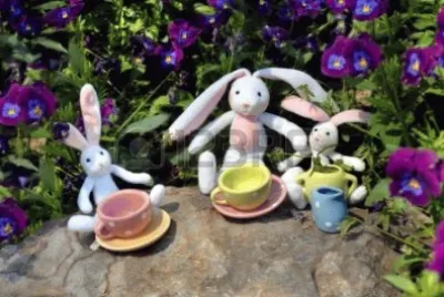 Easter Bunnies and Tea Cups in Pansy Garden