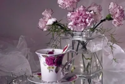 Purple Rose Tea Cup and Carnations