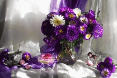 Purple and White Floral Display-Still Life