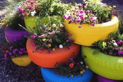 Painted recycled Tires in the Garden
