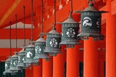 Lanterns at Heian Jingu shrine  Kyoto  Japan