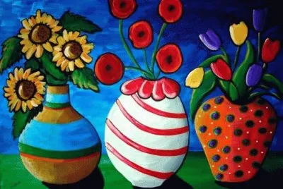 Colorful Whimsical Vases and Flower art